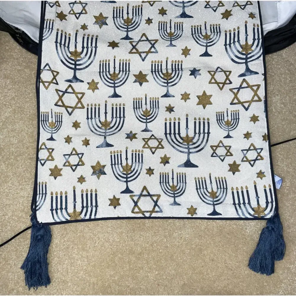 NEW HANUKKAH TABLE RUNNER 16x72” STAR OF DAVID MENORAH GOLD BLUE METALLIC